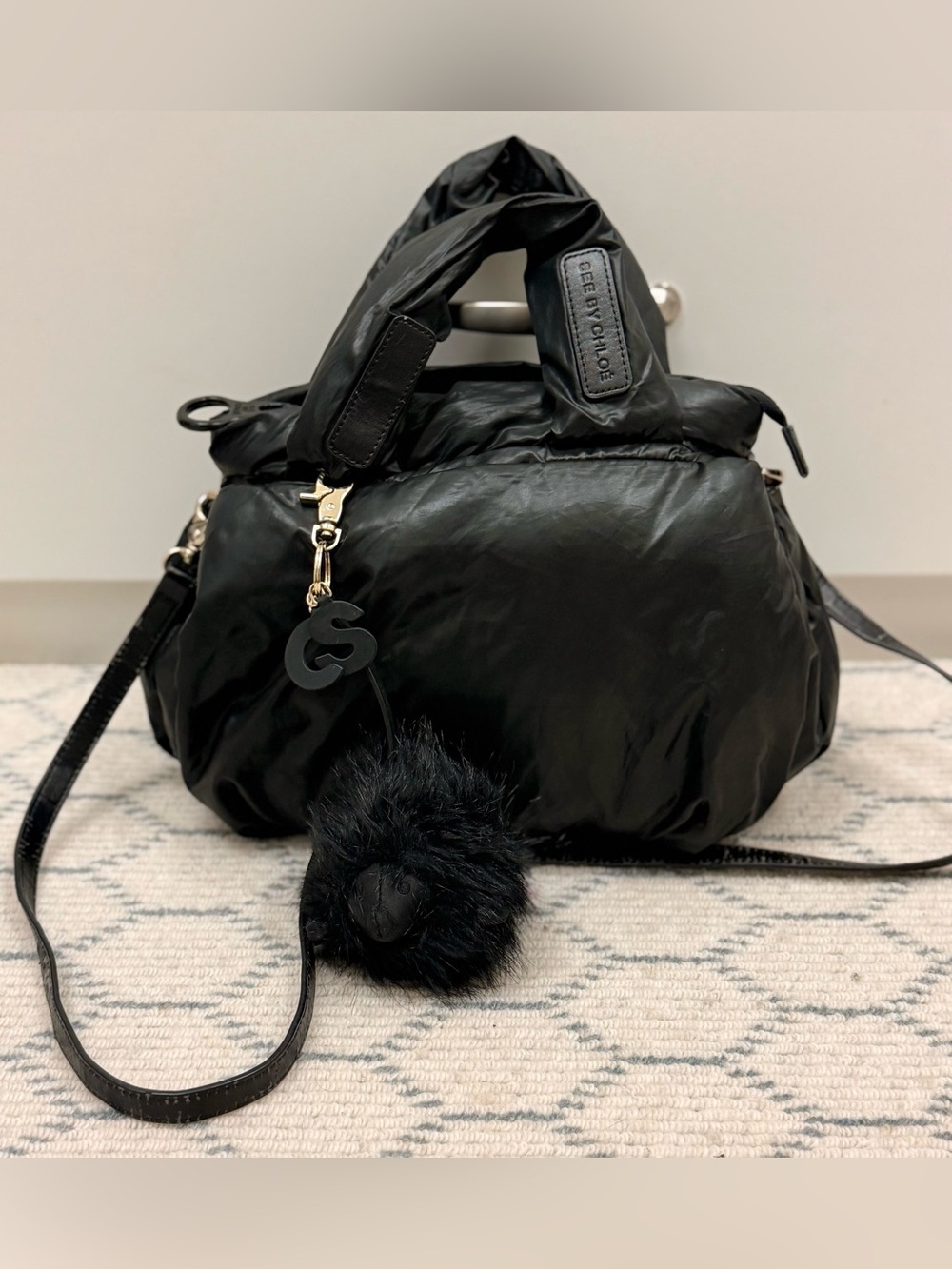 SEE BY CHLOE Y2K “Joy Rider” Black Puffy Nylon 2-Way Crossbody Bag W/ Charms